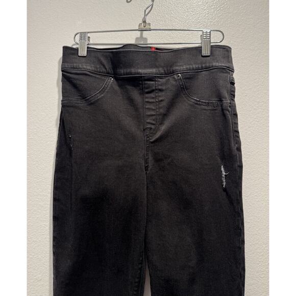 Spanx Size Medium Distressed Skinny Jeans Pull On Black Stretch Ankle - Picture 2 of 8